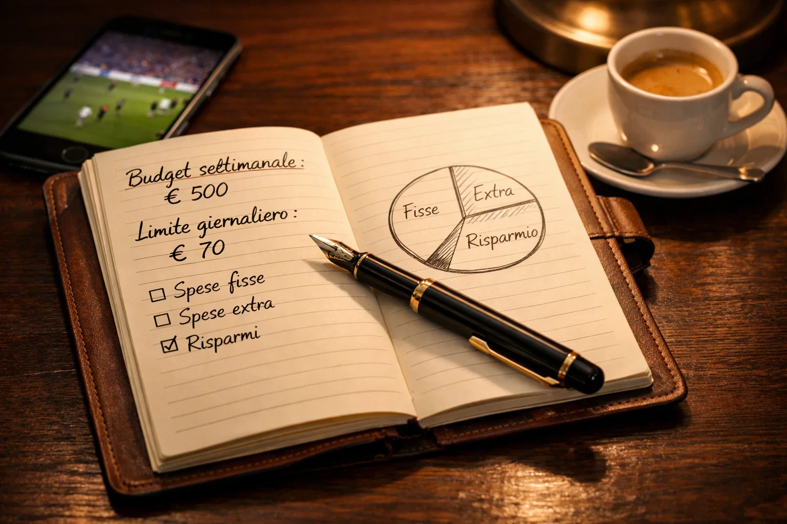 Blocco note con piano di gestione del budget e penna su scrivania