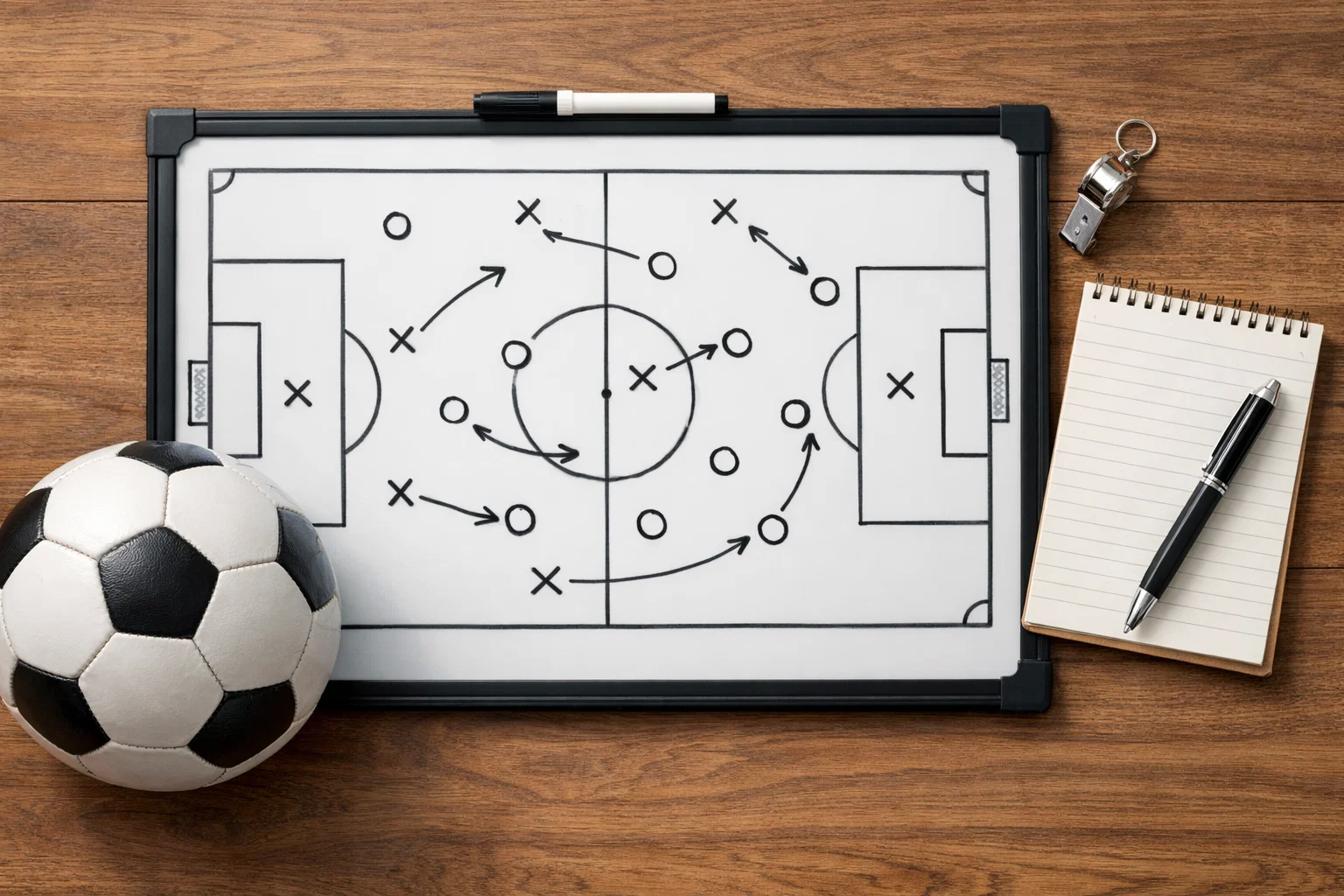 Lavagna con schemi tattici di calcio e appunti strategici