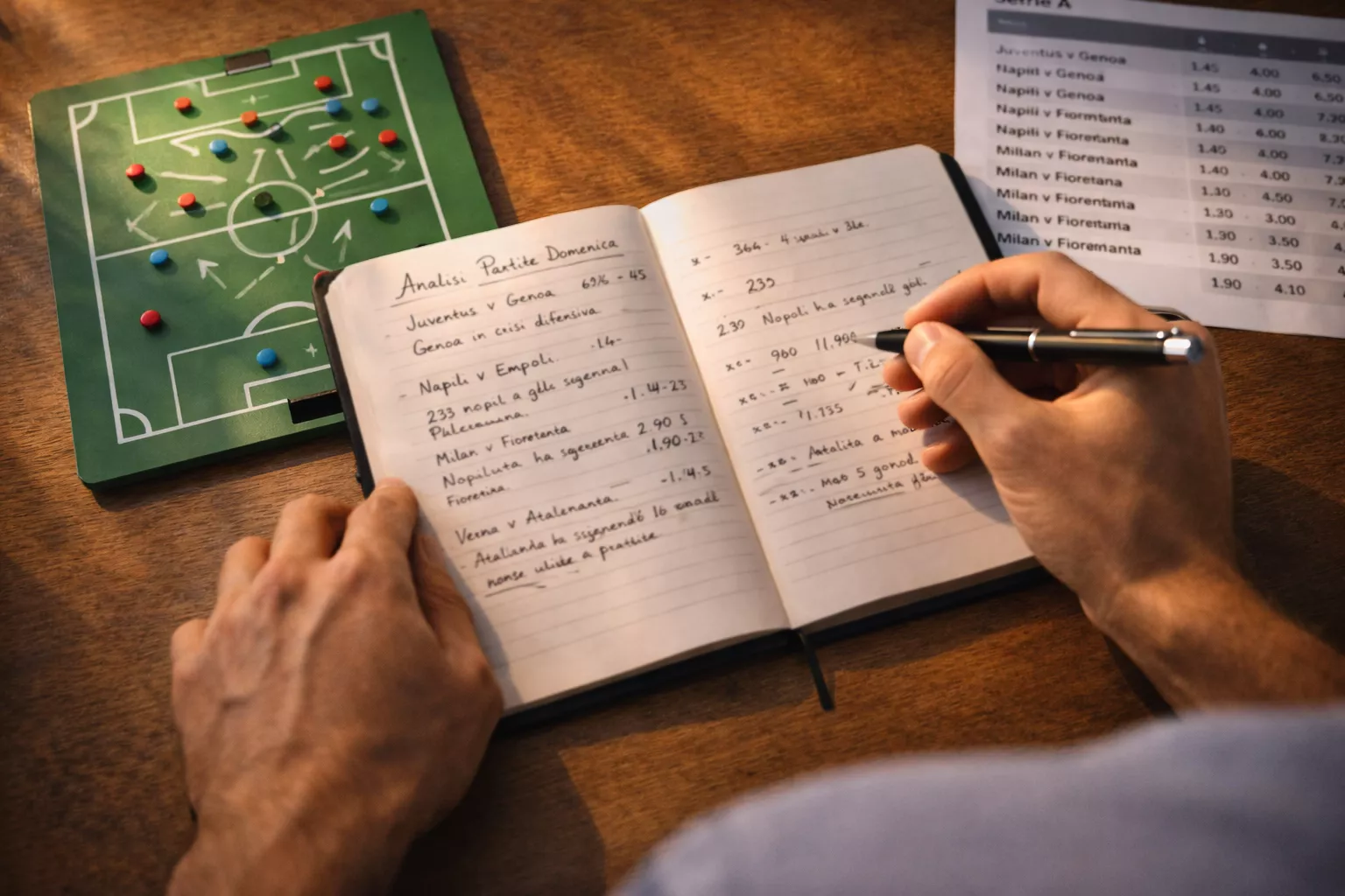 Analista sportivo che studia statistiche di una partita di calcio su un quaderno con appunti