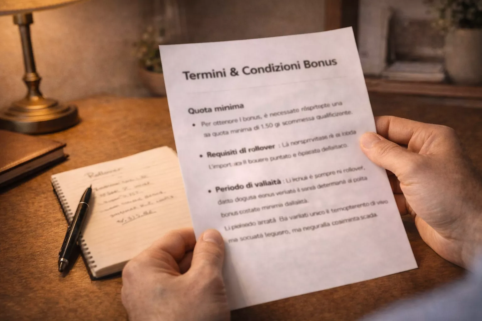 Mano che sfoglia un documento con termini e condizioni di un bonus accanto a un quaderno con calcoli scritti a mano