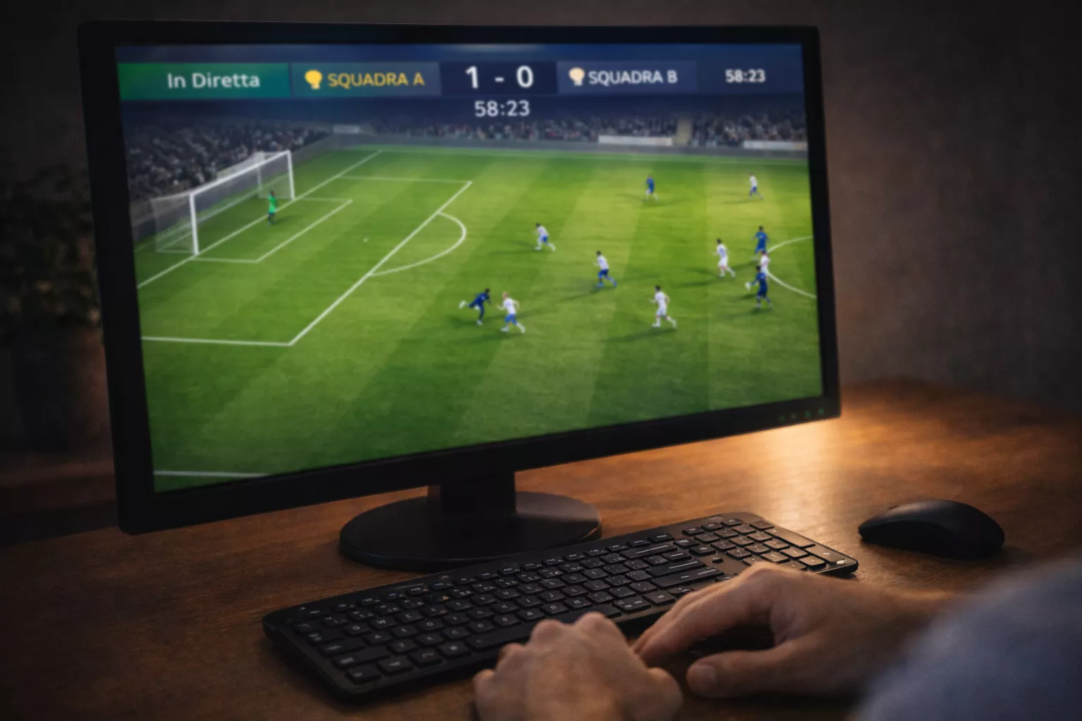 Schermo di computer che mostra una partita di calcio virtuale con grafica tridimensionale e campo verde