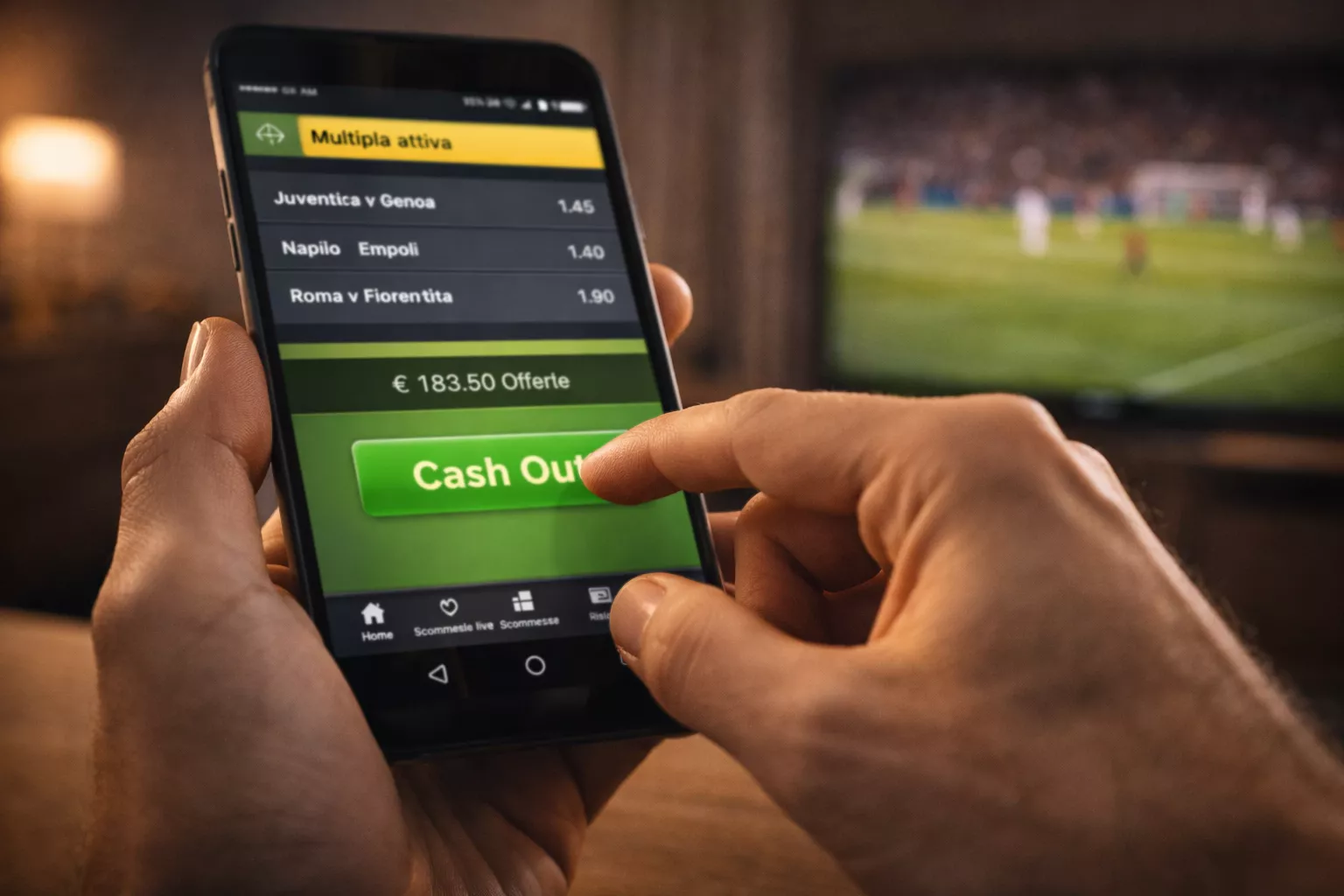 Mano che preme un pulsante su smartphone durante una partita di calcio per il cash out