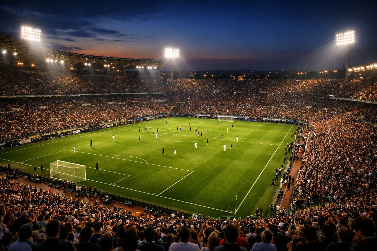 Stadio di calcio con tifosi durante una partita serale