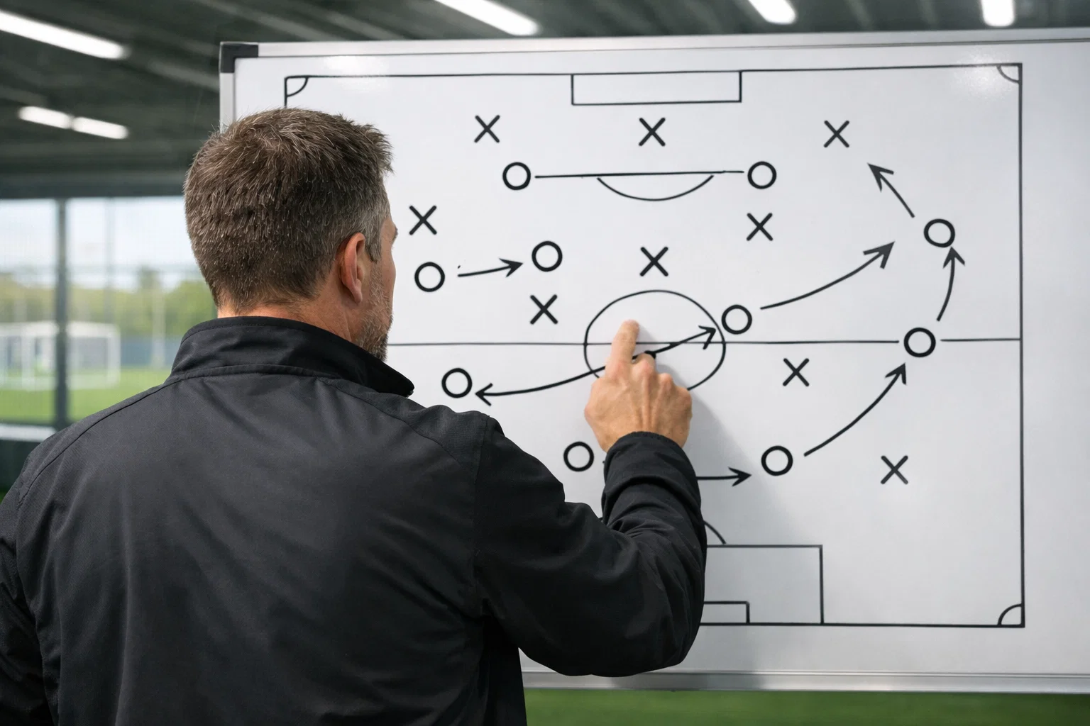 Allenatore che studia la lavagna tattica con schemi di gioco