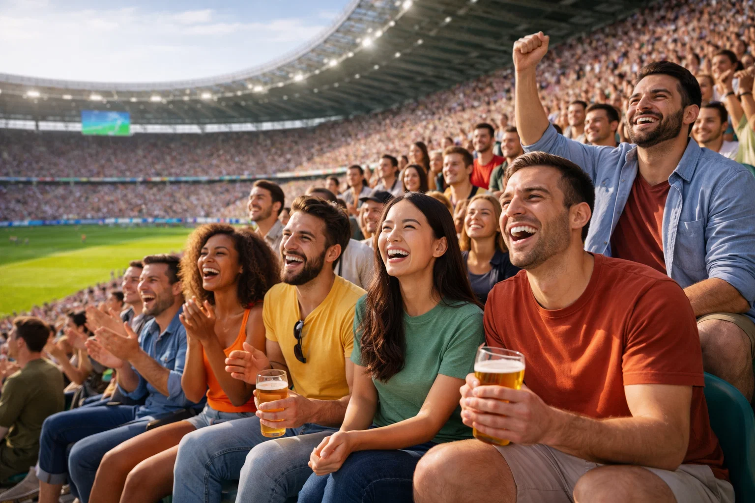 Tifosi sorridenti che guardano una partita di calcio allo stadio