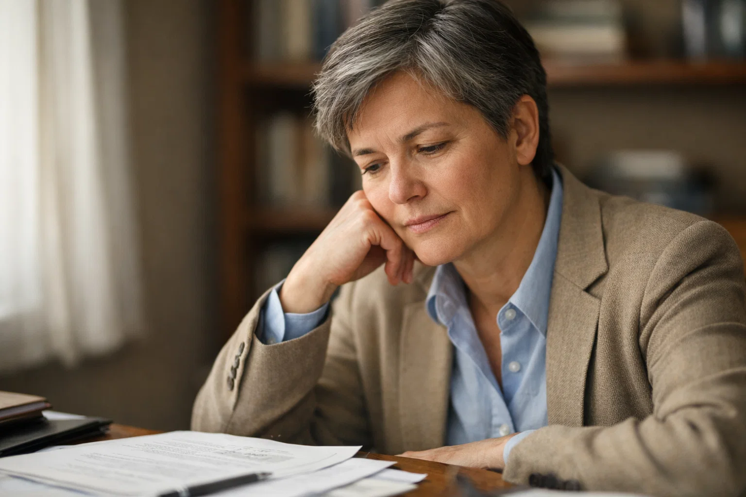 Persona pensierosa davanti a documenti con espressione concentrata