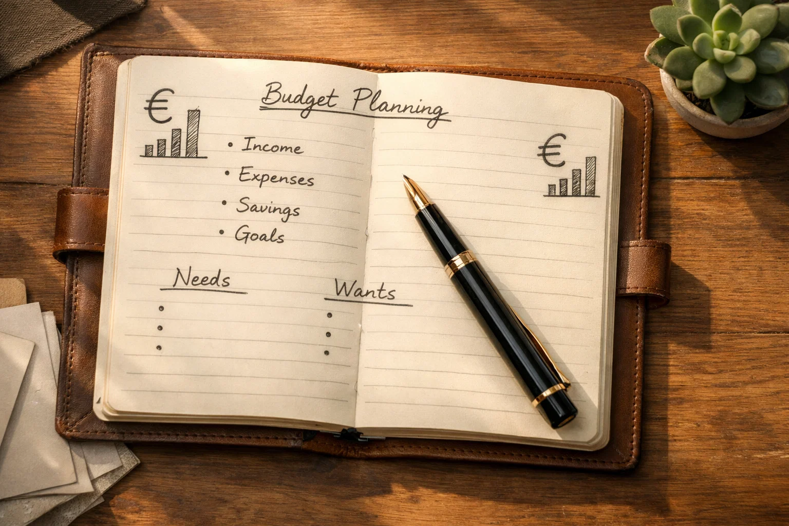 Quaderno con appunti e simboli euro per la pianificazione