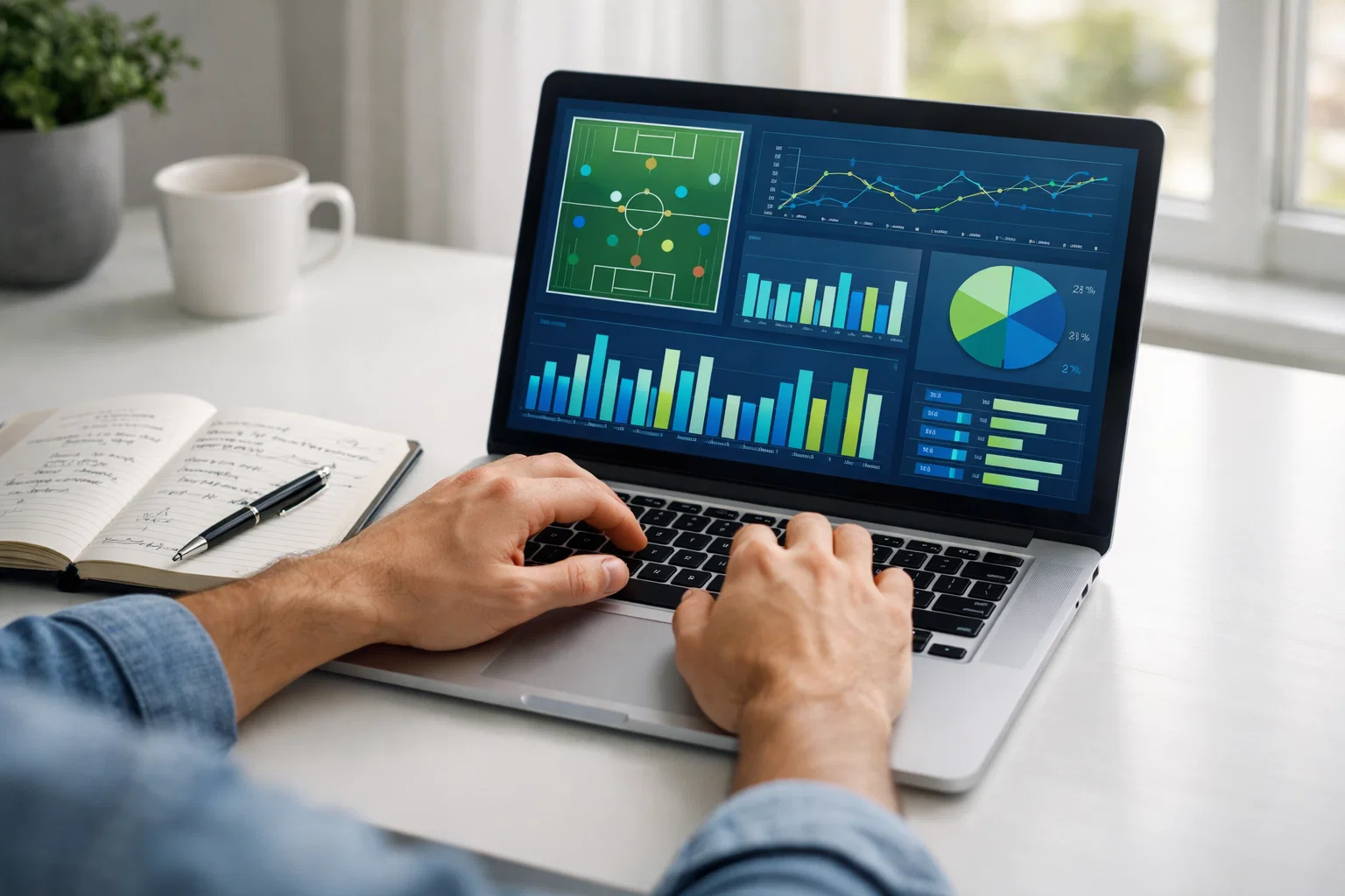 Persona che analizza statistiche di calcio su laptop