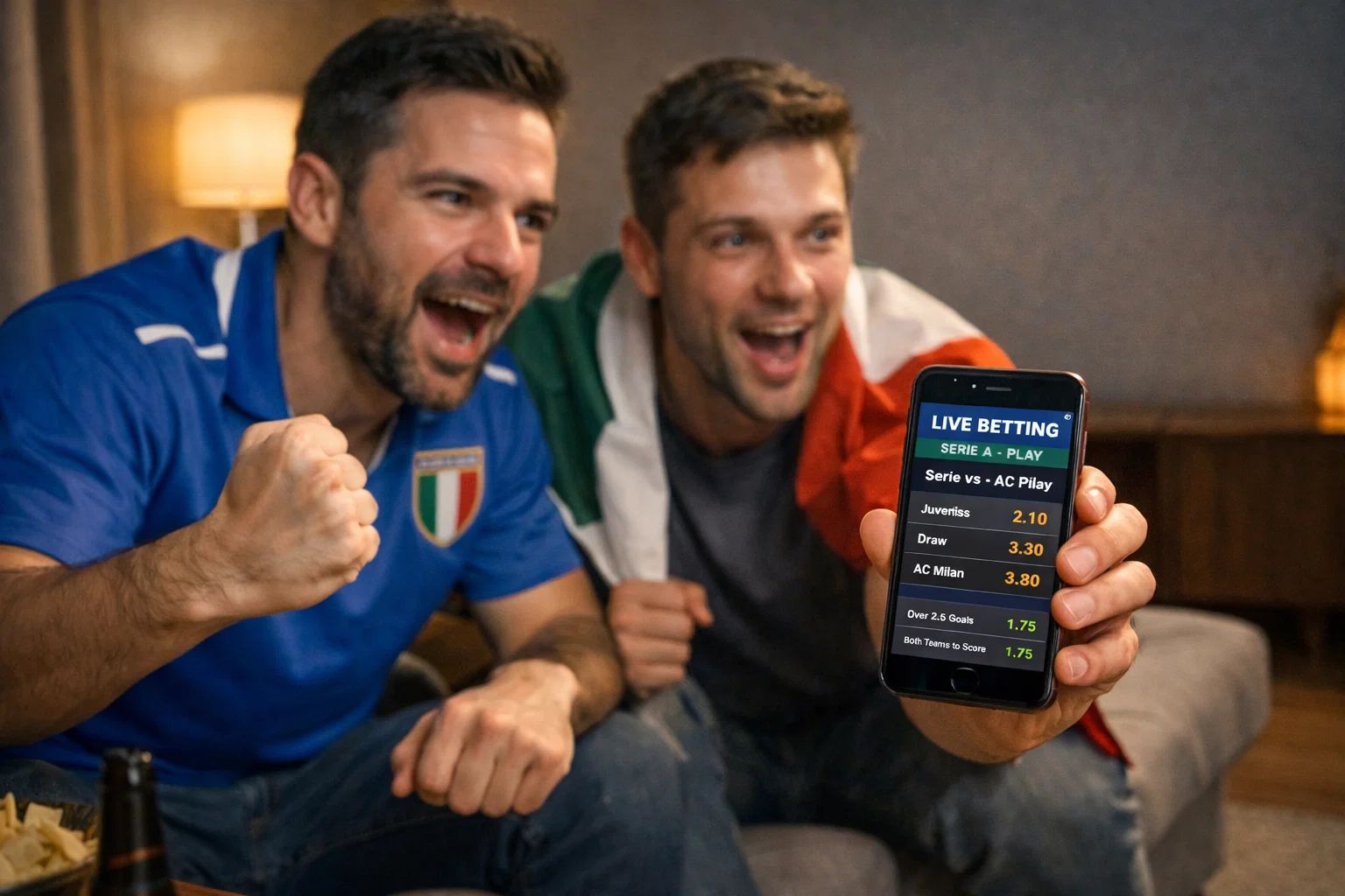 Tifosi che guardano una partita di calcio in diretta su smartphone durante il live betting