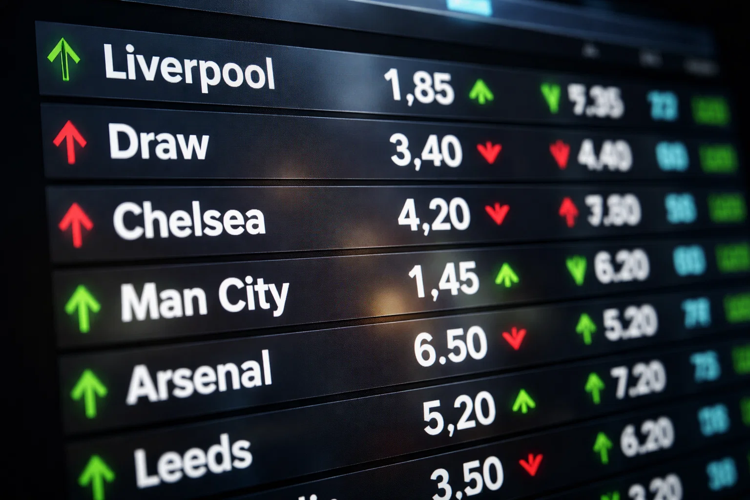 Quote dinamiche che cambiano su un display digitale durante una partita di calcio