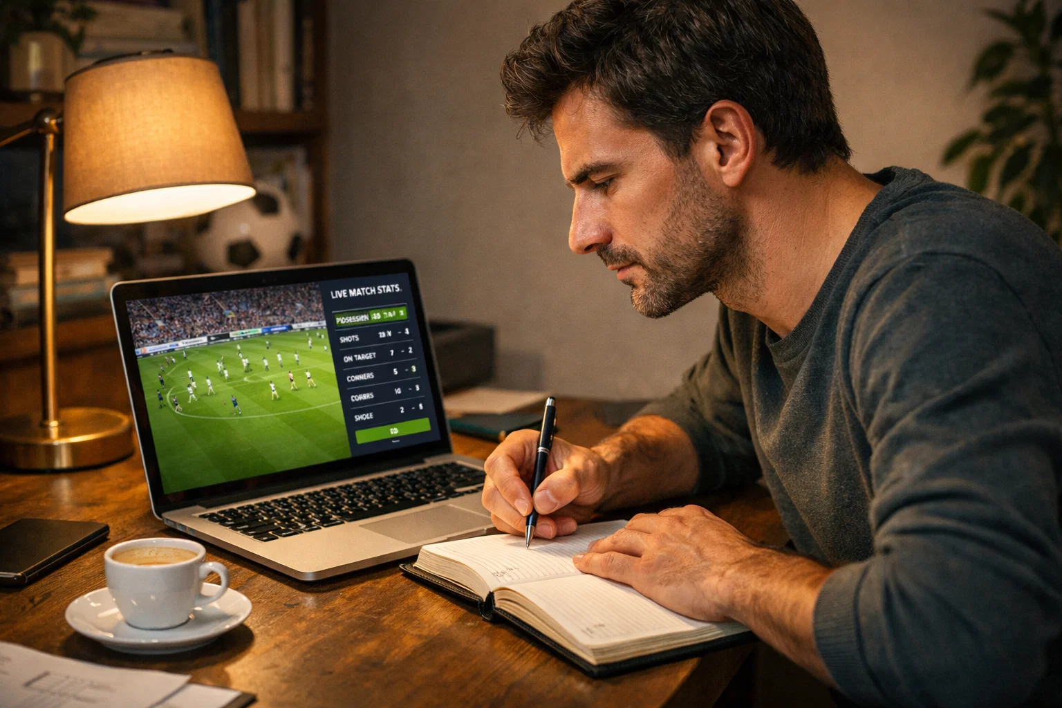 Persona concentrata che analizza una partita di calcio in diretta sul laptop