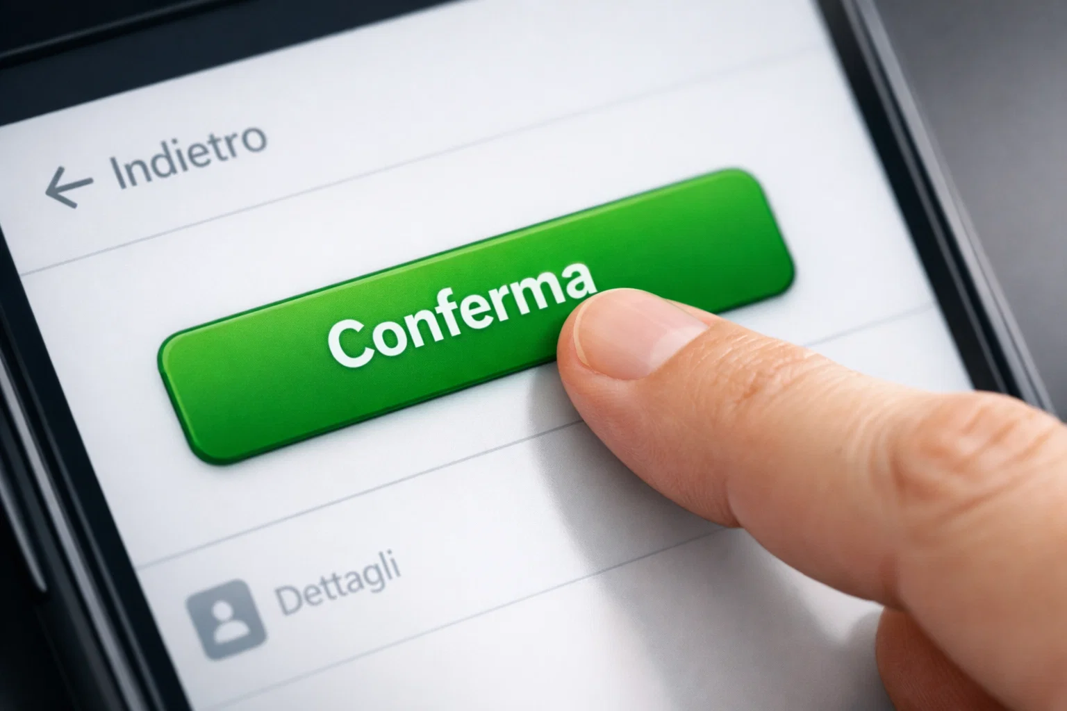 Mano che preme un pulsante verde di conferma su uno schermo touch
