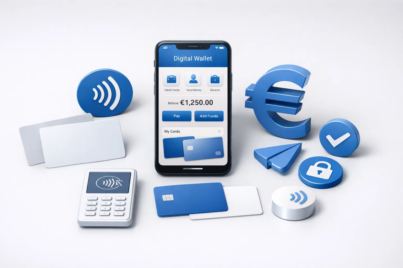 Diverse opzioni di pagamento digitale con icone di carte e portafogli elettronici