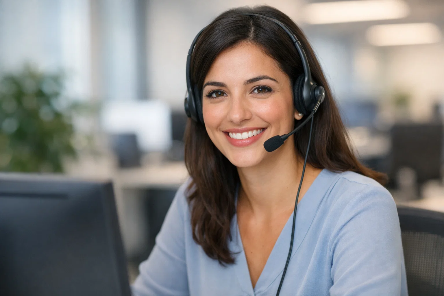 Operatore di assistenza clienti con cuffie che sorride al computer