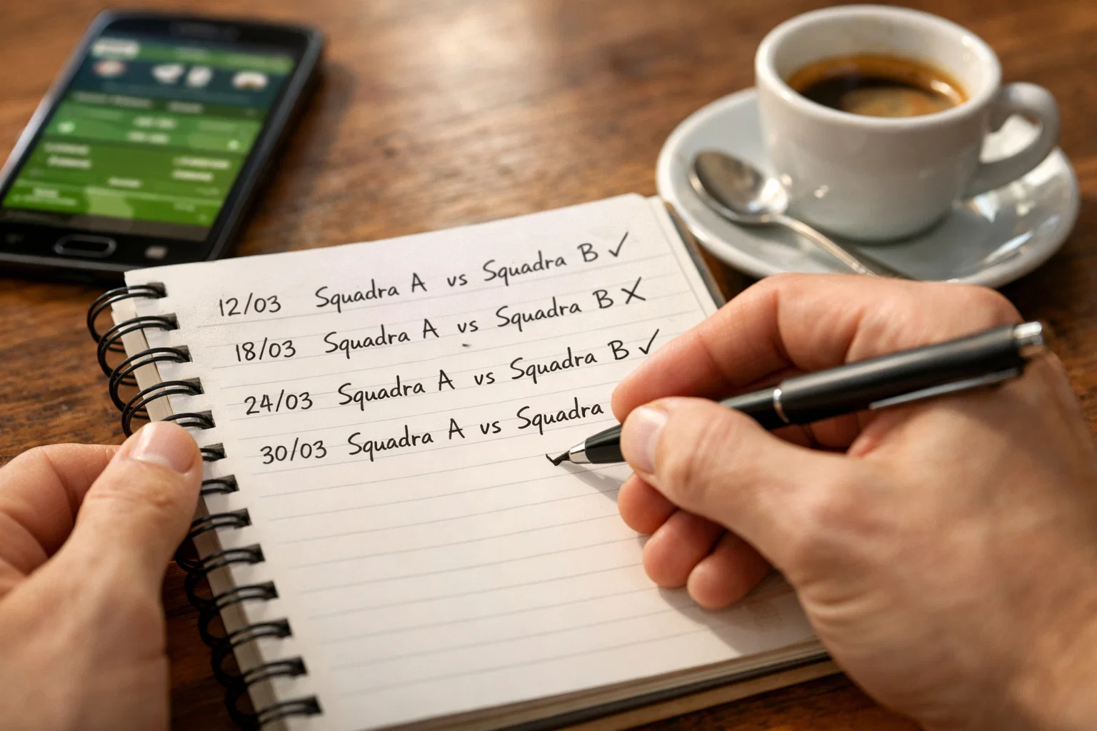 Persona prende appunti su un taccuino analizzando i risultati delle partite di calcio