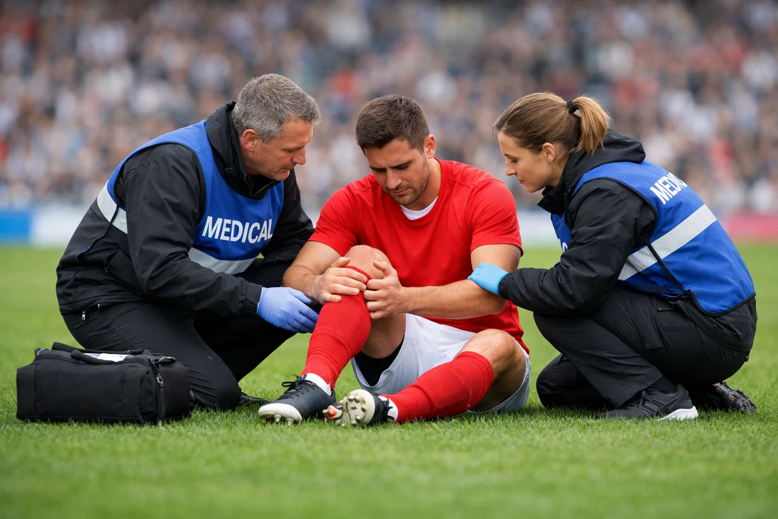 Staff medico assiste un calciatore durante una partita sul campo in erba