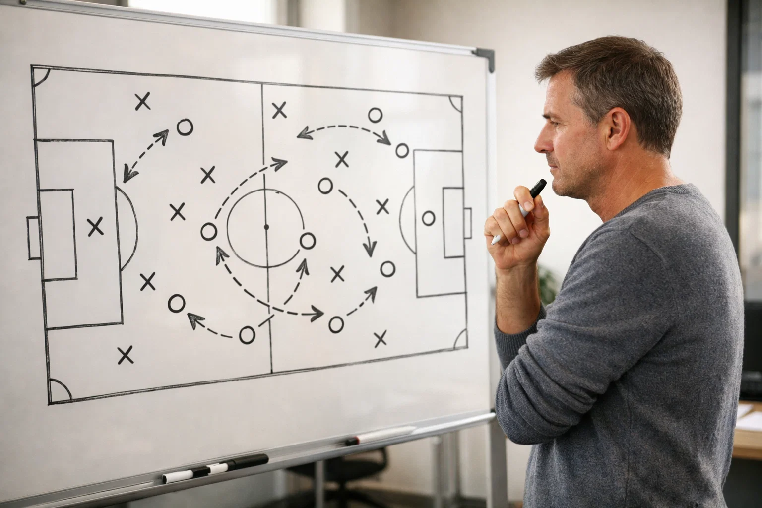 Analista sportivo studia le tattiche di calcio su una lavagna con schemi di gioco