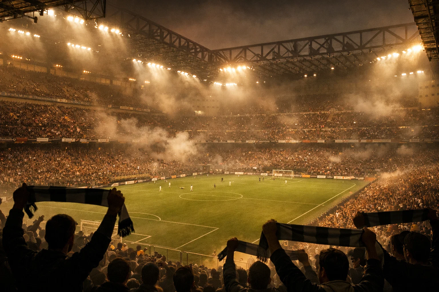 Atmosfera di uno stadio italiano durante una partita di Serie A con tifosi sugli spalti