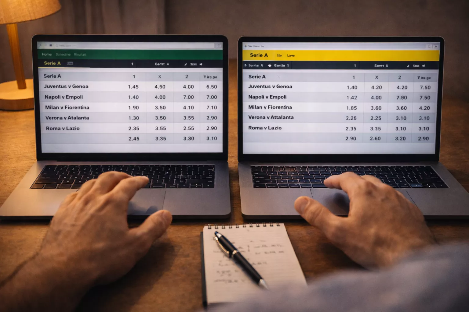 Due schermi di laptop affiancati su una scrivania che mostrano siti di scommesse con quote diverse sulla stessa partita
