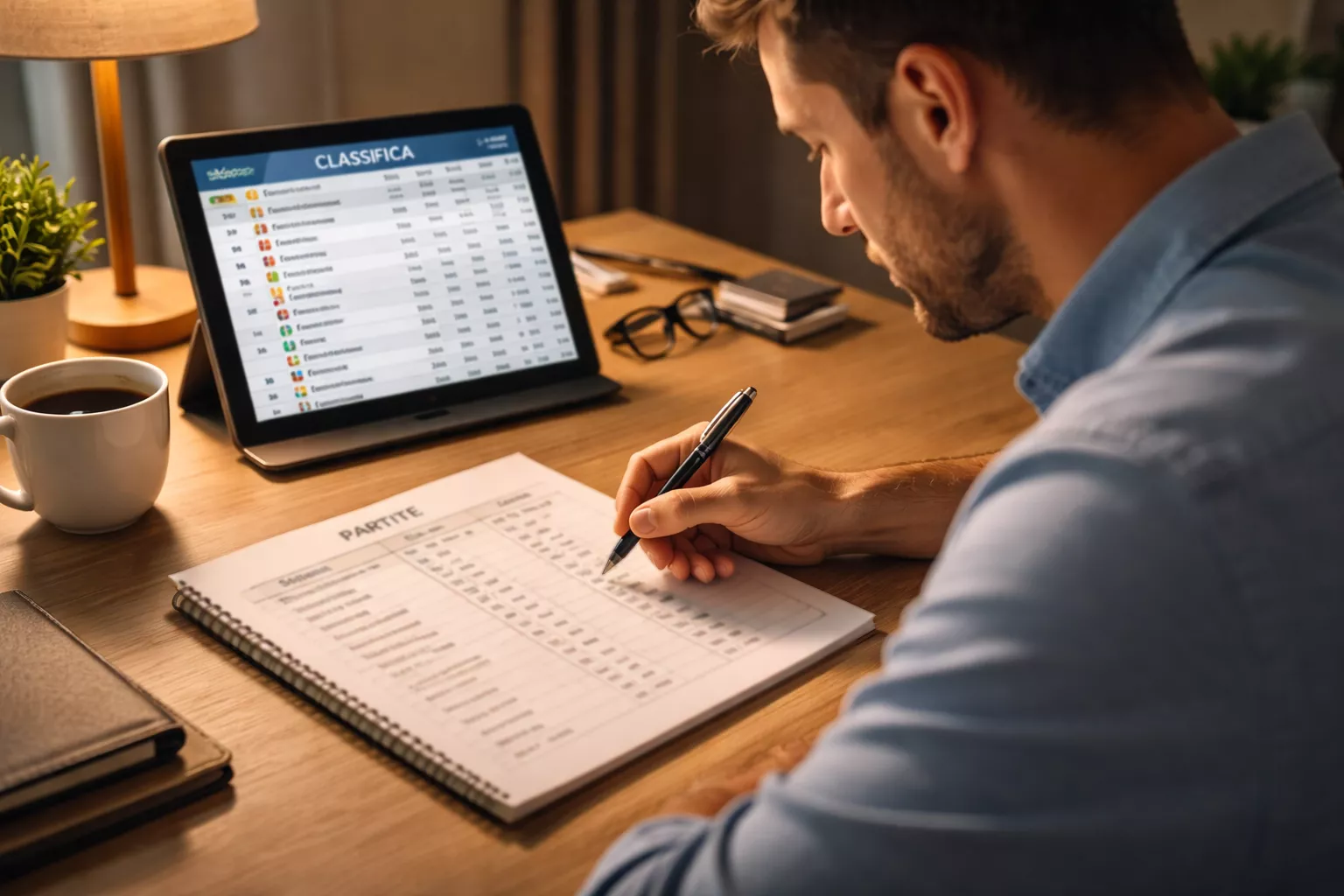 Persona che analizza con calma le statistiche di una partita di calcio su un foglio con due colonne