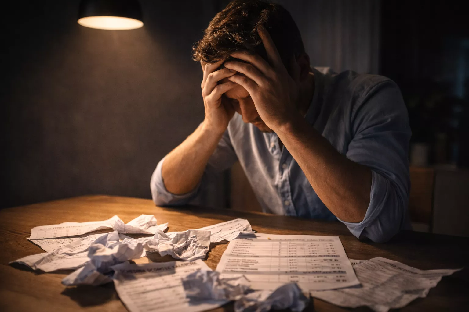 Scommettitore frustrato con la testa tra le mani davanti a schedine perse su un tavolo