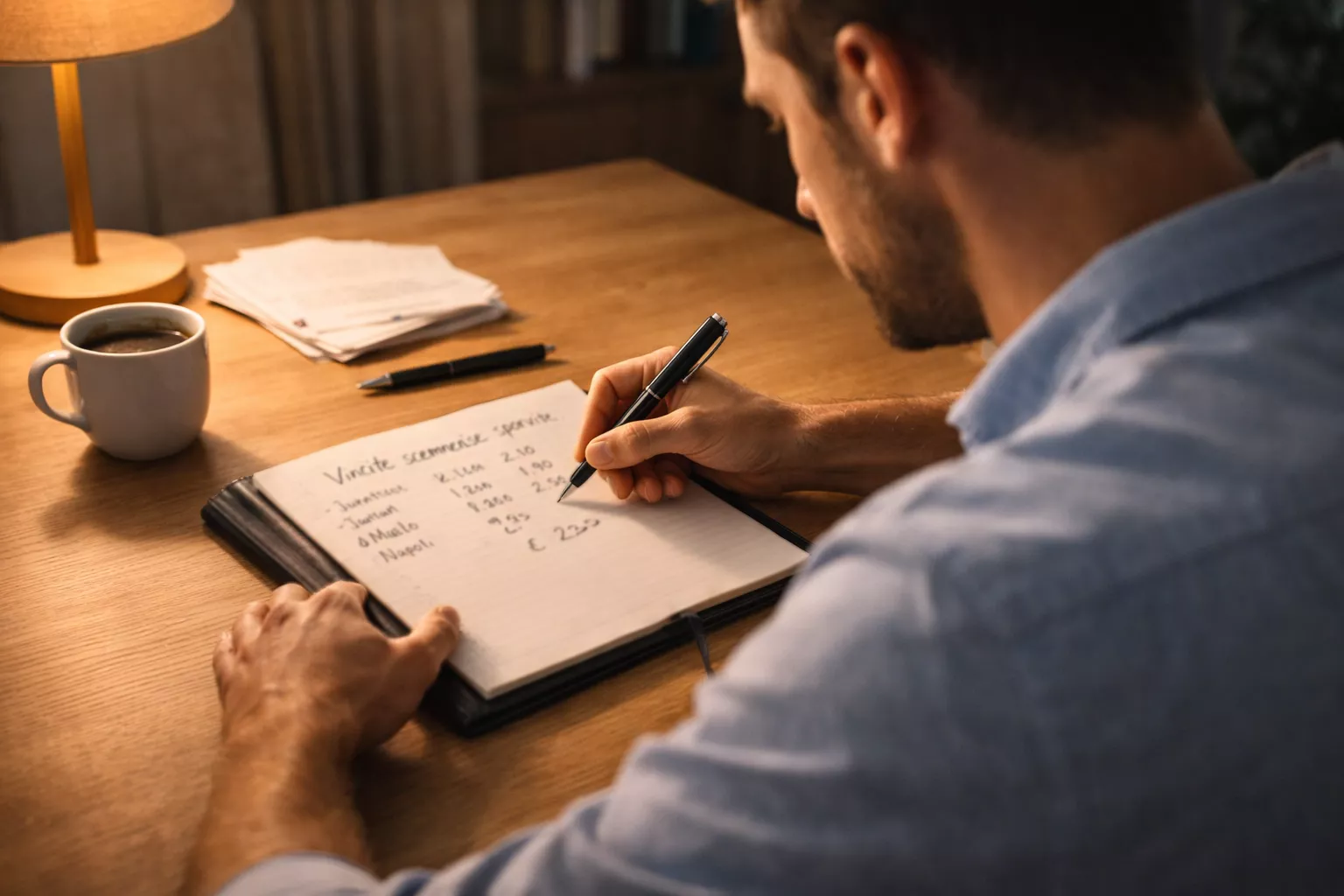 Uomo concentrato che analizza un registro di scommesse su un quaderno alla scrivania