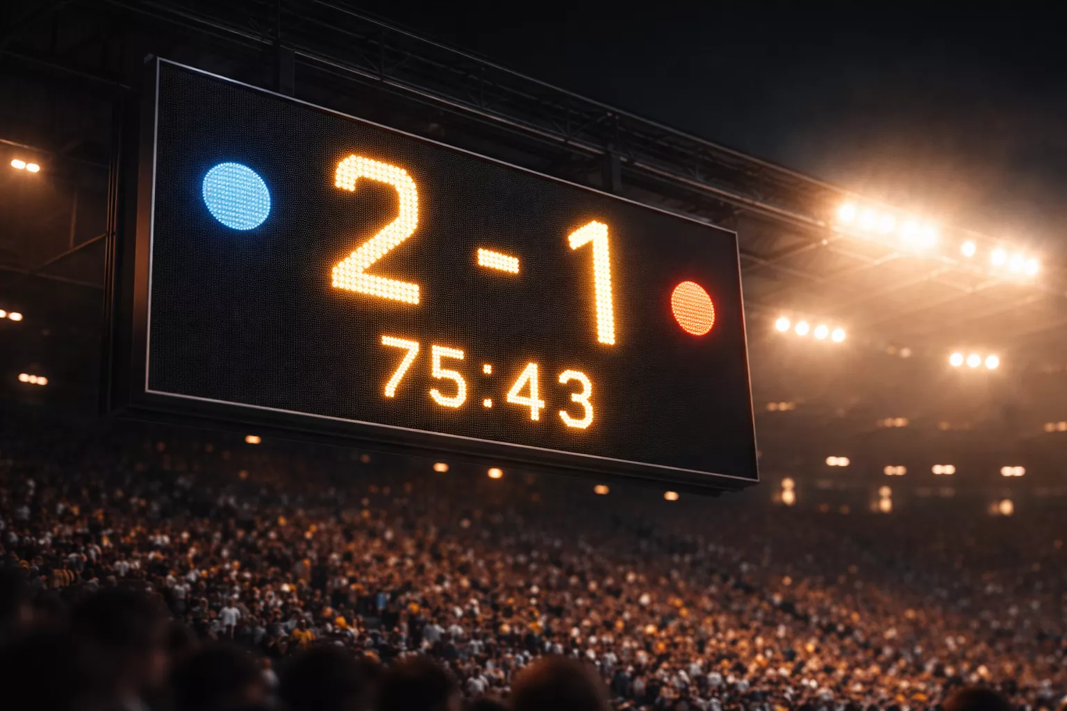 Tabellone segnapunti di uno stadio di calcio con i numeri illuminati durante una partita