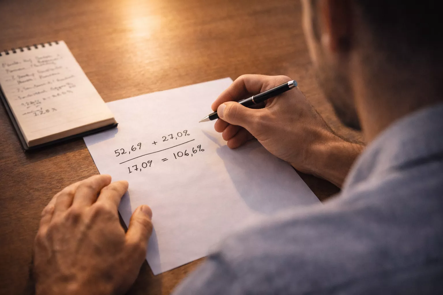 Uomo seduto alla scrivania che confronta percentuali scritte su un foglio con appunti e una penna in mano