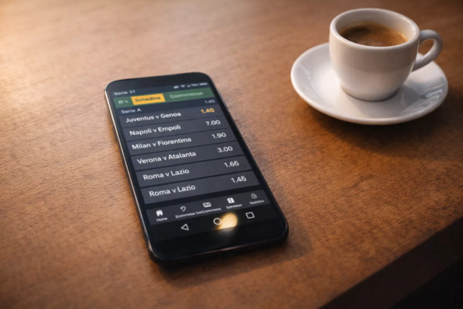 Smartphone appoggiato su un tavolo con l'app di un bookmaker aperta su una partita di calcio