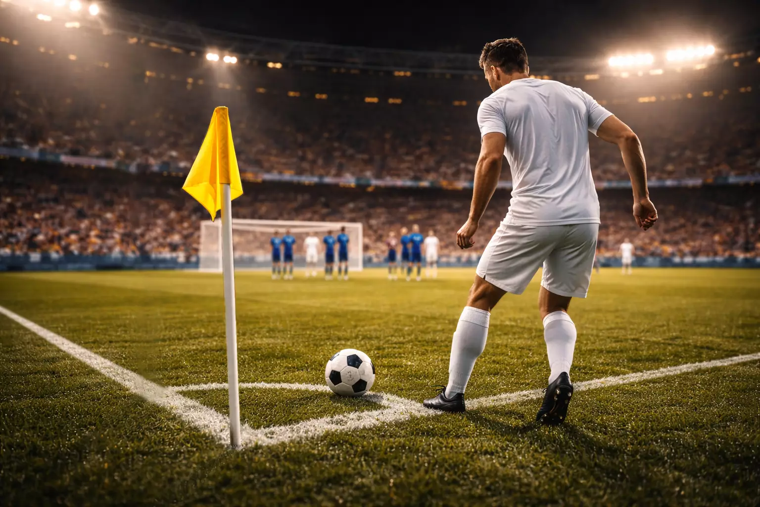 Giocatore di calcio che batte un calcio d'angolo su un campo in erba con la bandierina del corner