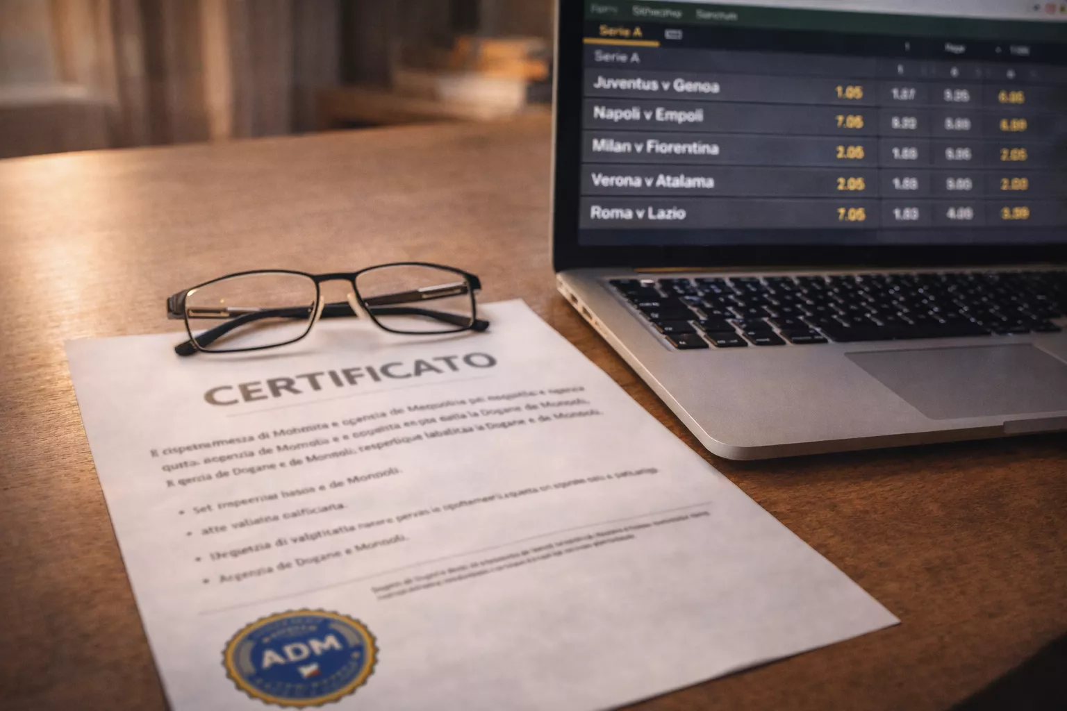 Documento di licenza ADM su una scrivania accanto a un laptop con un sito di scommesse calcio aperto