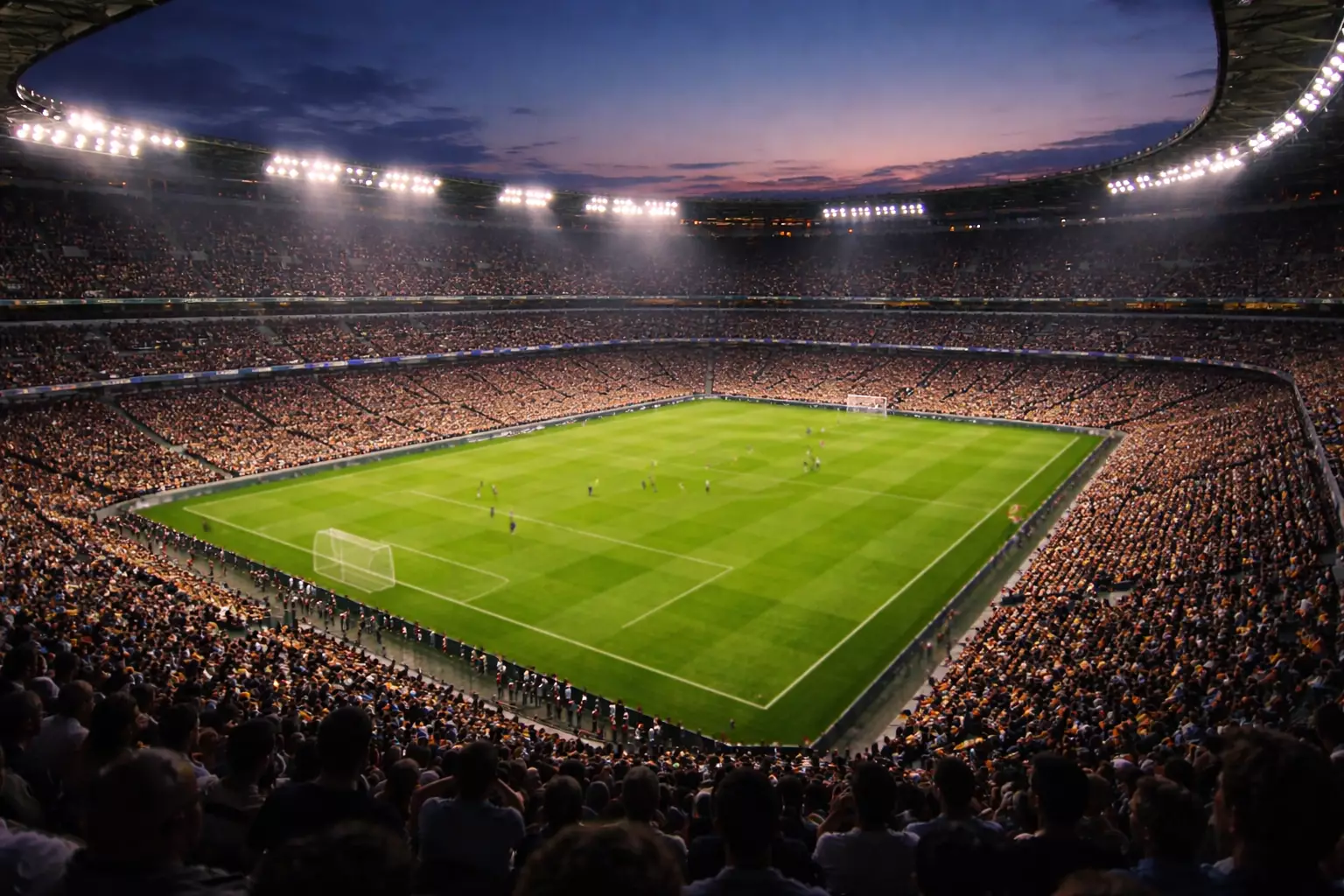 Veduta panoramica di uno stadio di calcio pieno durante una partita serale di campionato