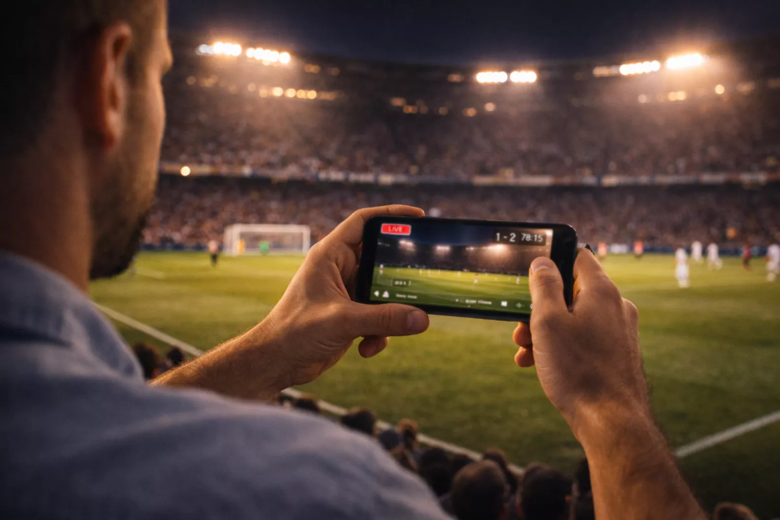 Tifosi che guardano una partita di calcio in uno stadio illuminato durante una scommessa live