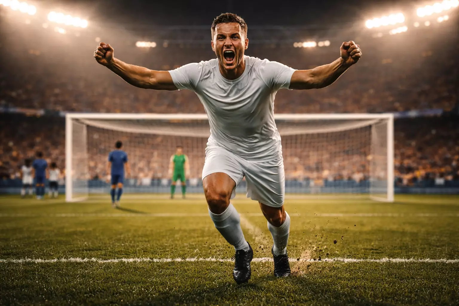 Attaccante di calcio che esulta dopo aver segnato un gol in uno stadio illuminato