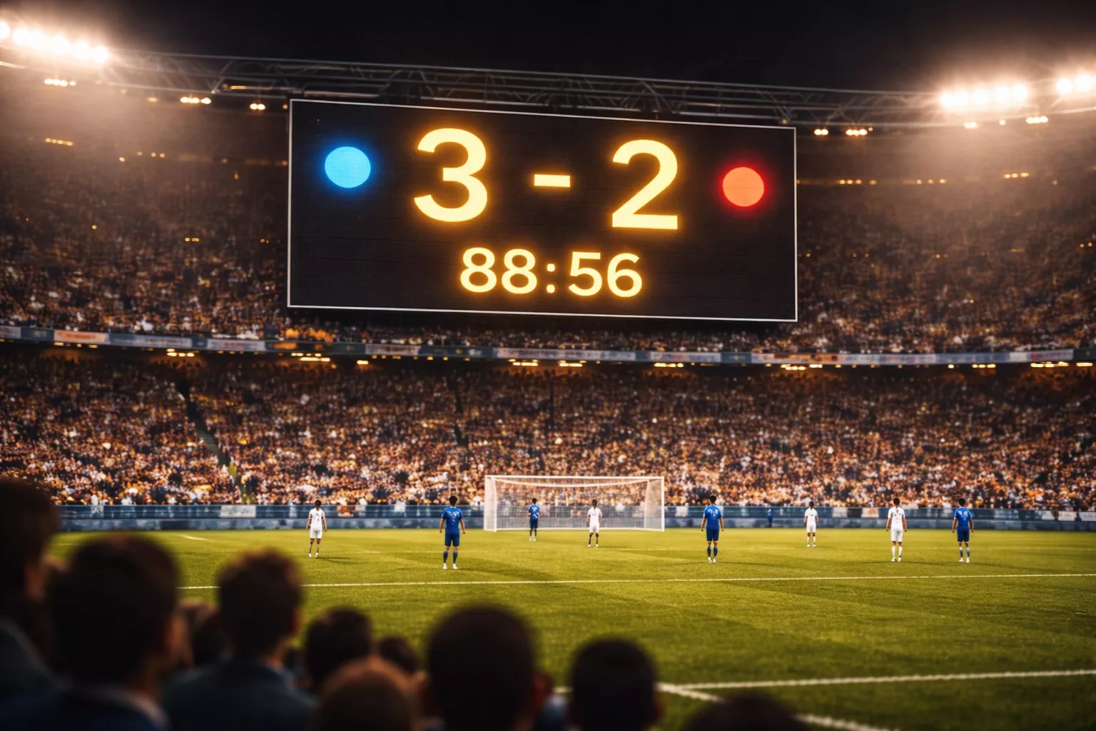 Tabellone segnapunti di uno stadio di calcio che mostra il risultato di una partita ricca di gol