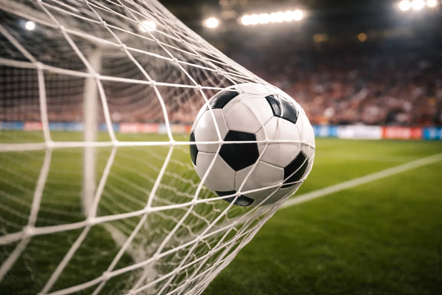 Rete di una porta da calcio vista da dietro con il pallone che entra durante un gol