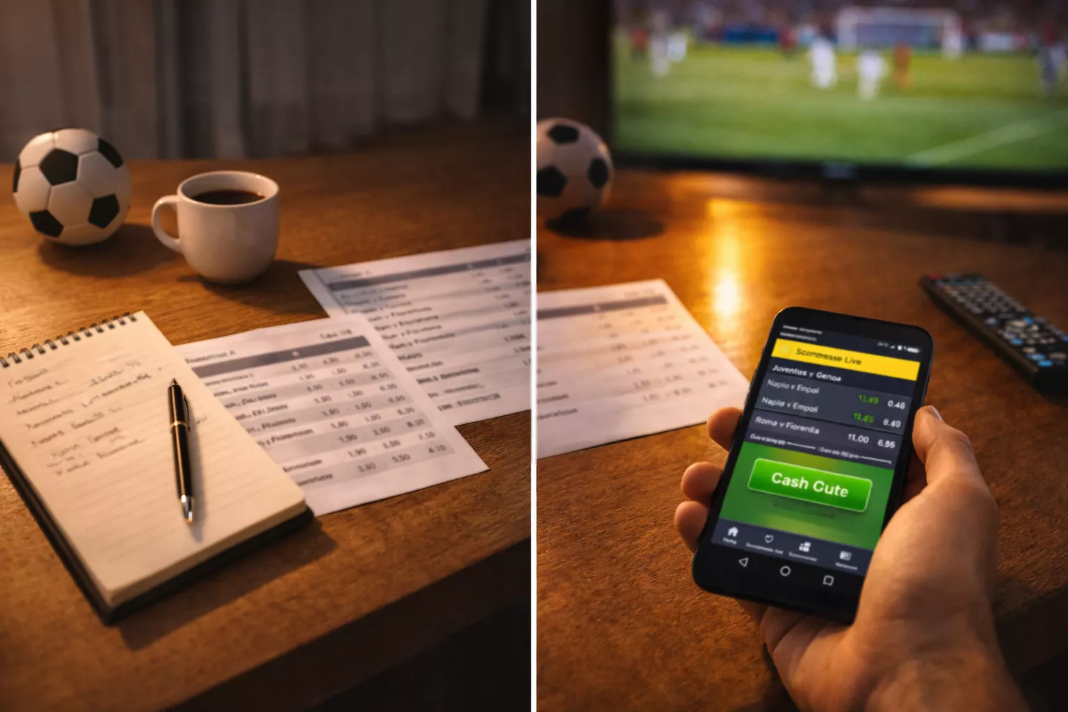 Campo da calcio diviso a metà tra analisi tattica e azione in tempo reale