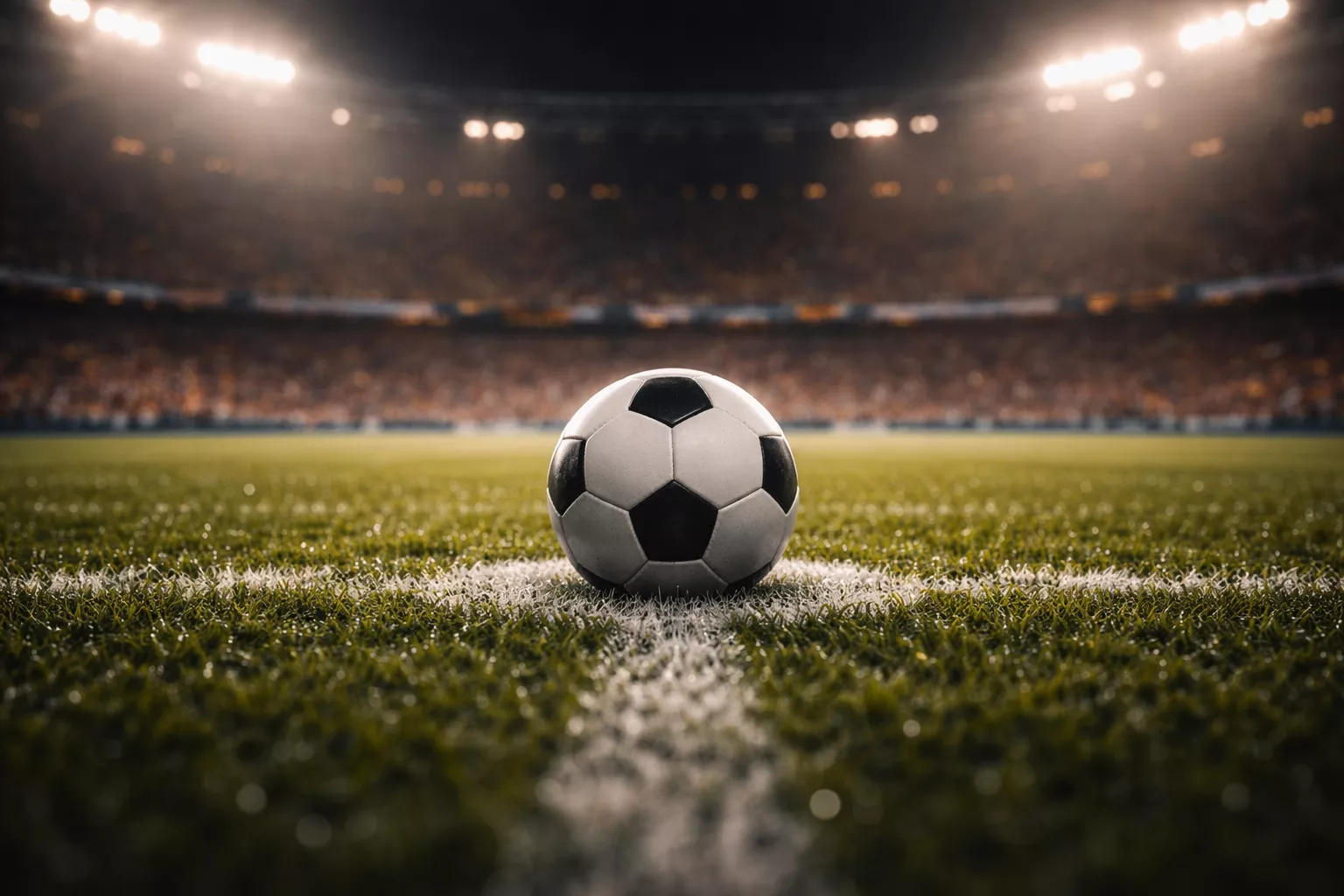 Primo piano di un pallone da calcio sul dischetto del rigore in uno stadio illuminato