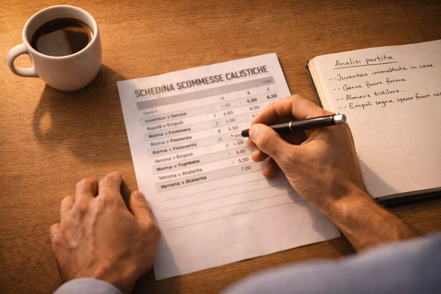 Mano che compila una schedina di scommesse sportive su un tavolo con appunti di analisi
