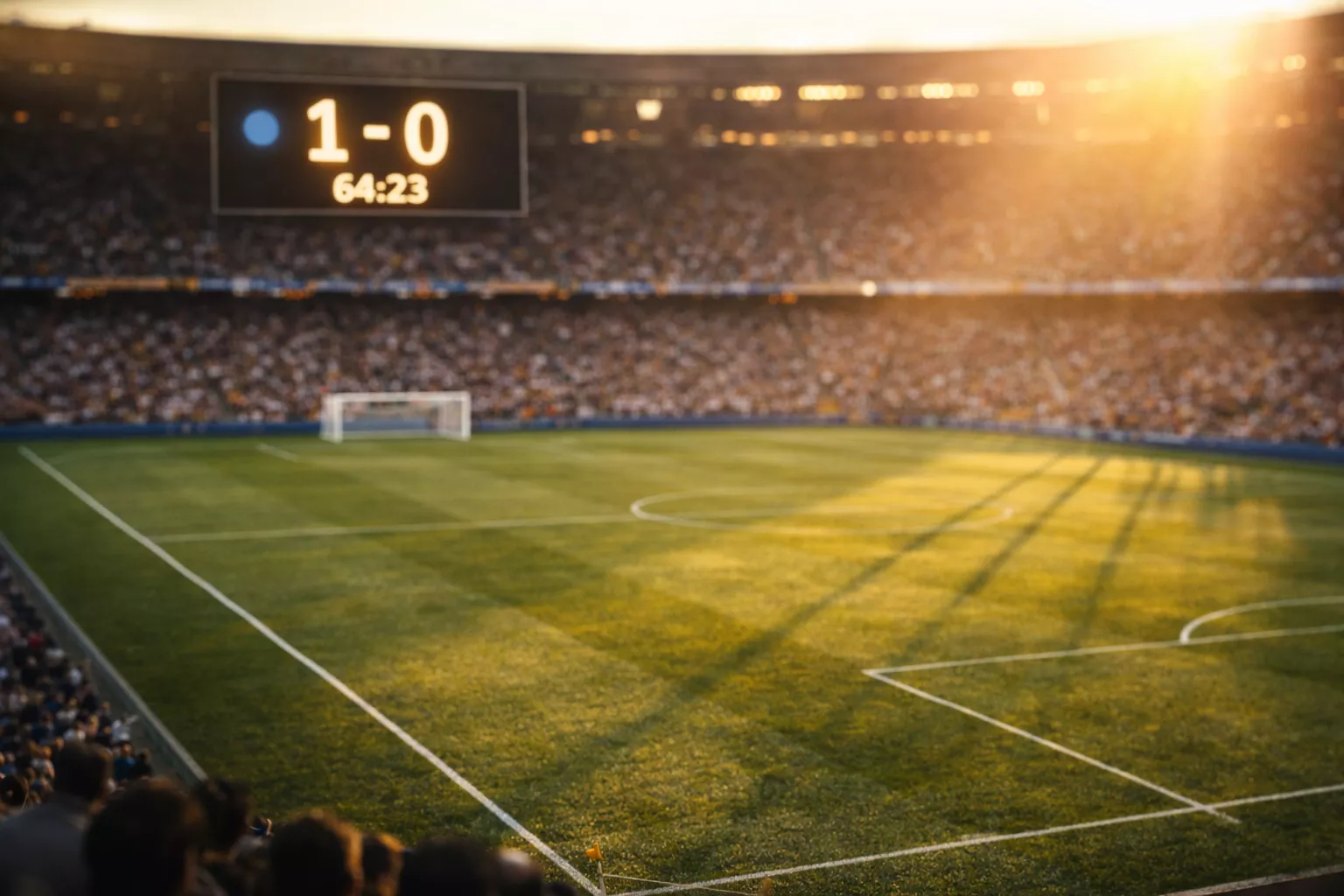 Tabellone di uno stadio di calcio con il punteggio visibile e il campo verde sullo sfondo