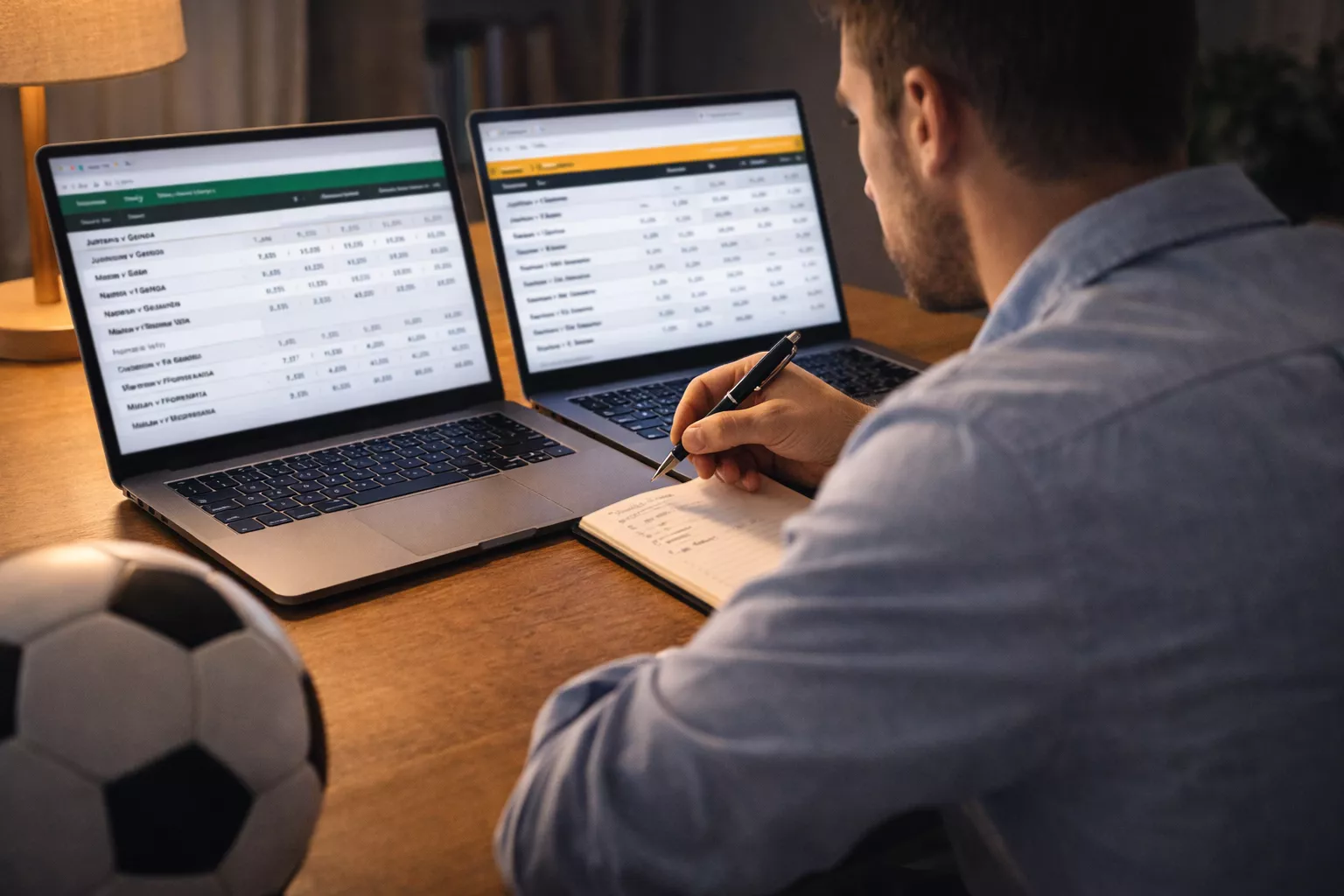 Persona che confronta quote di scommesse calcio su diversi schermi per trovare surebet